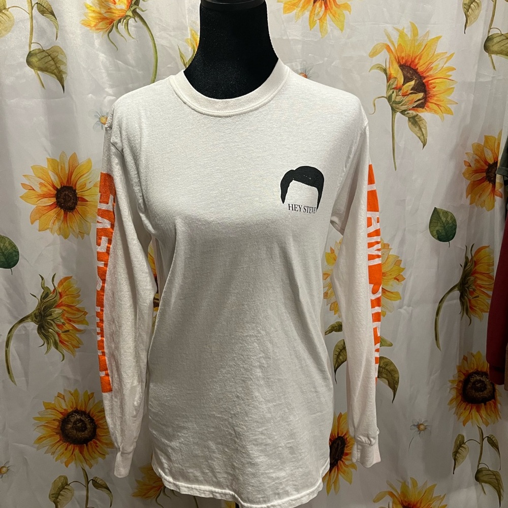 HEY STEVE White Long Sleeve Graphic Tee with Orange Sleeve Print
